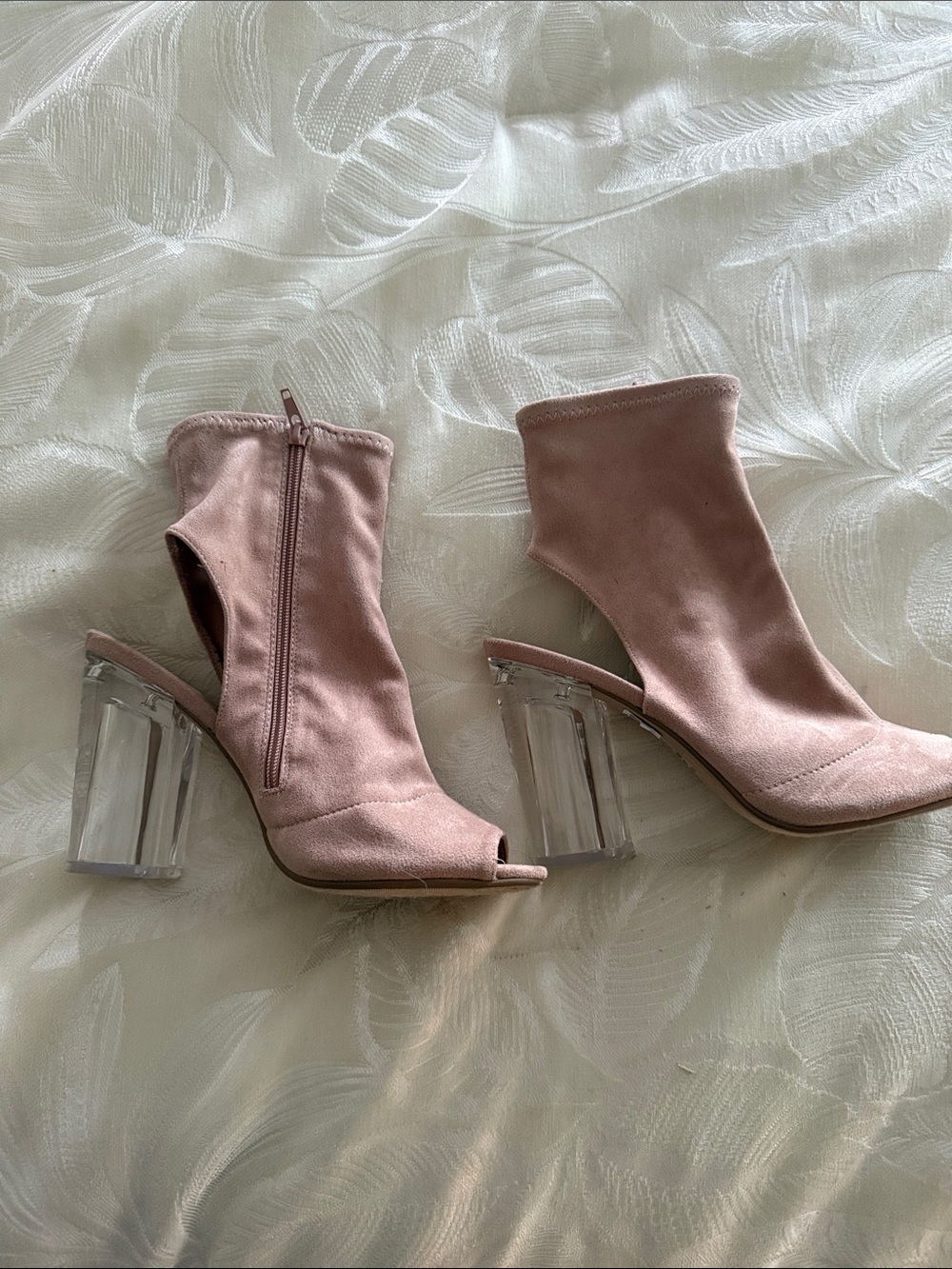 Women's Blush Pink Peep-Toe Sock Booties with Clear Block Heel